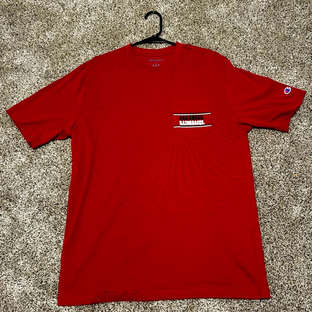 Red Arkansas Razorback Champion T-shirt with pocket. Size Large